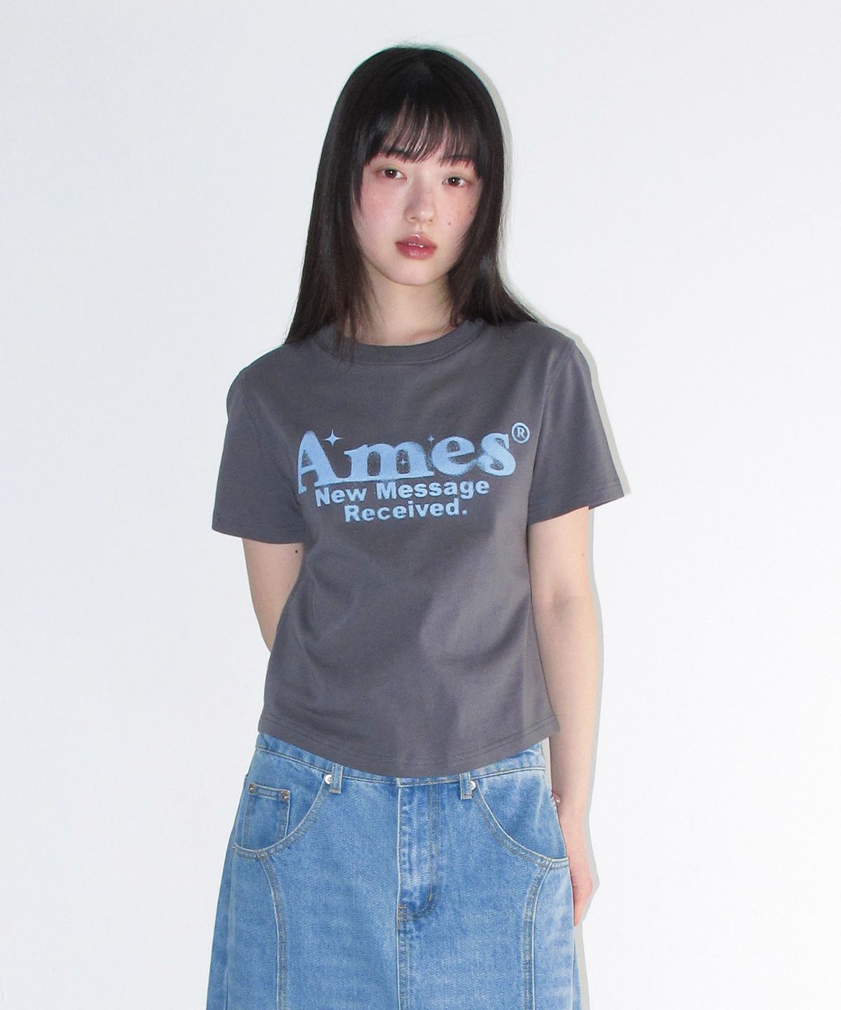 아메스 월드와이드(AMES-WORLDWIDE) ROUND HEM CROP TEE LIGHT CHARCOAL