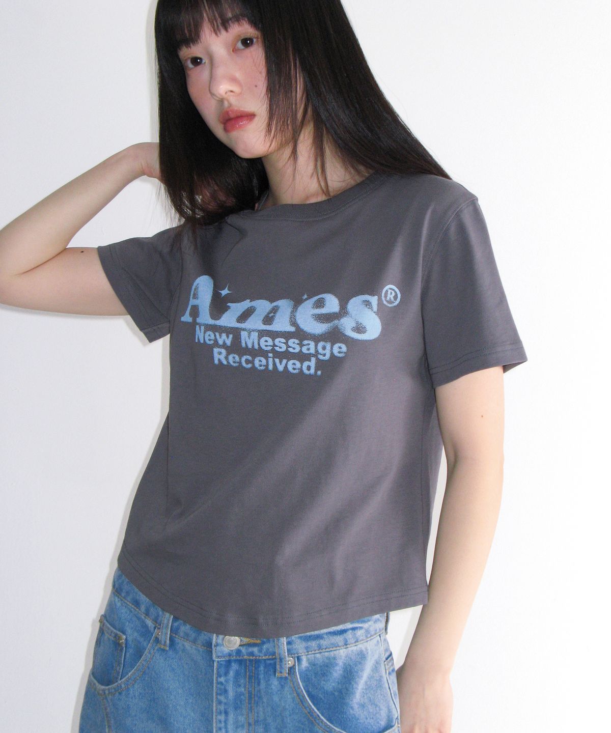 아메스 월드와이드(AMES-WORLDWIDE) ROUND HEM CROP TEE LIGHT CHARCOAL