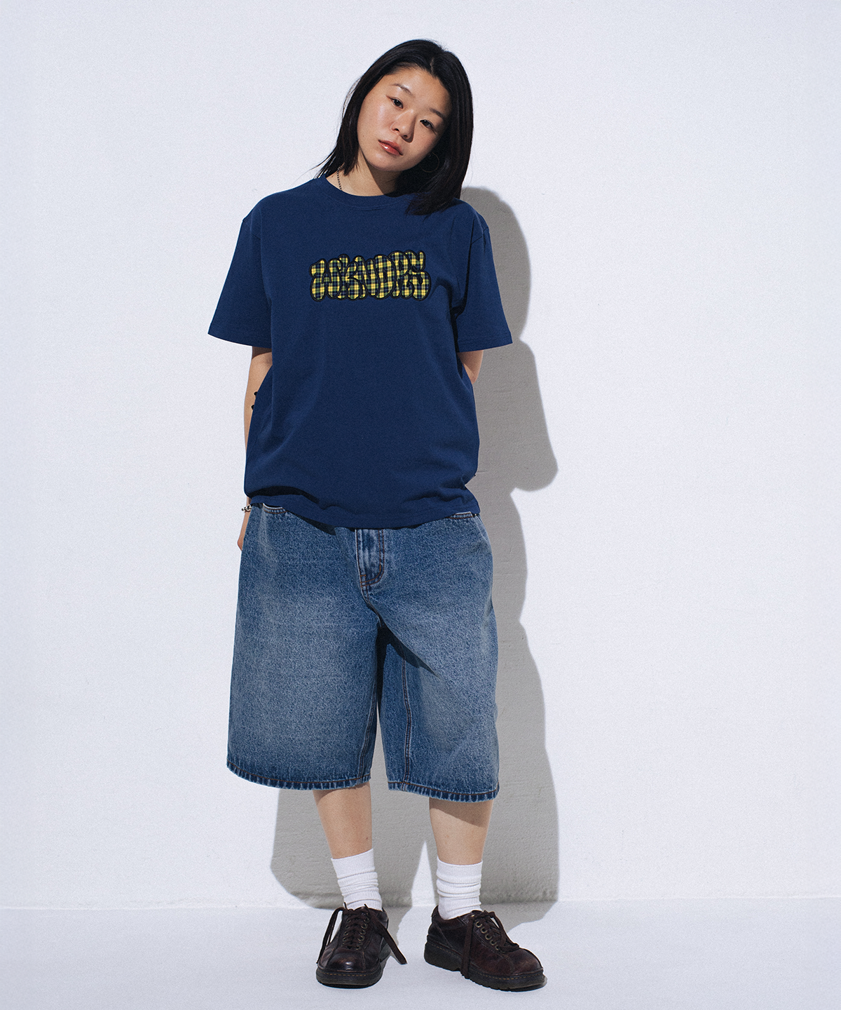 위캔더스(WKNDRS) PLAID BUBBLE T-SHIRT (NAVY)