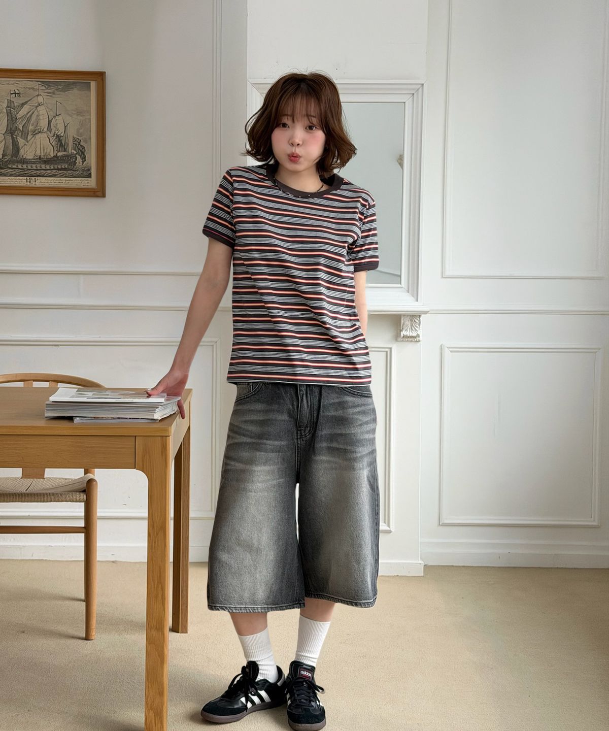 아모우(AMOU) AMOU Multi Stripe Ringer T-Shirts Brown
