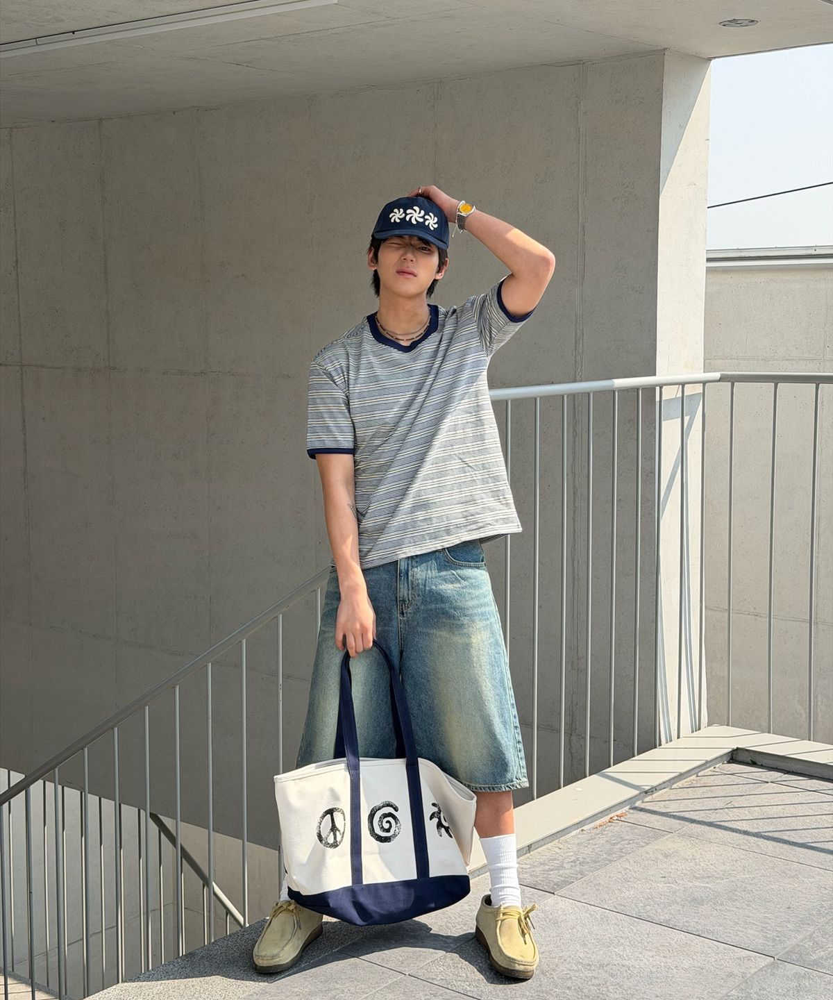 아모우(AMOU) AMOU Multi Stripe Ringer T-Shirts Melange