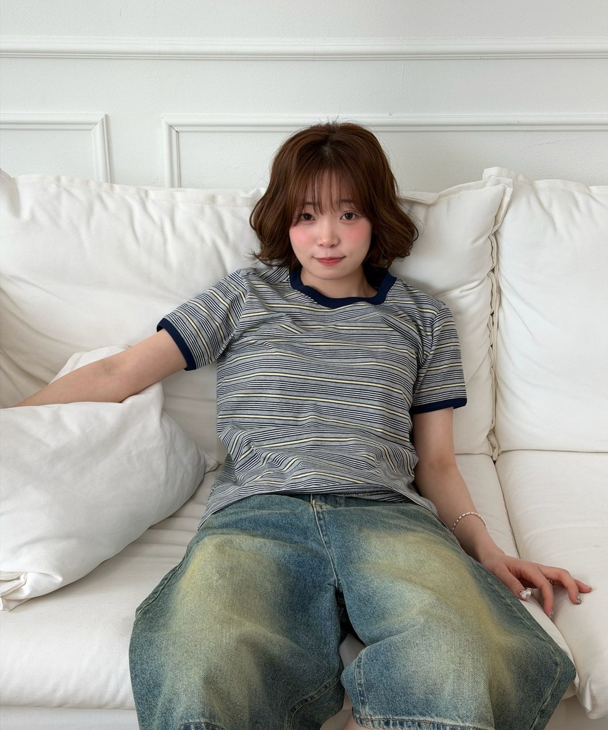 아모우(AMOU) AMOU Multi Stripe Ringer T-Shirts Melange