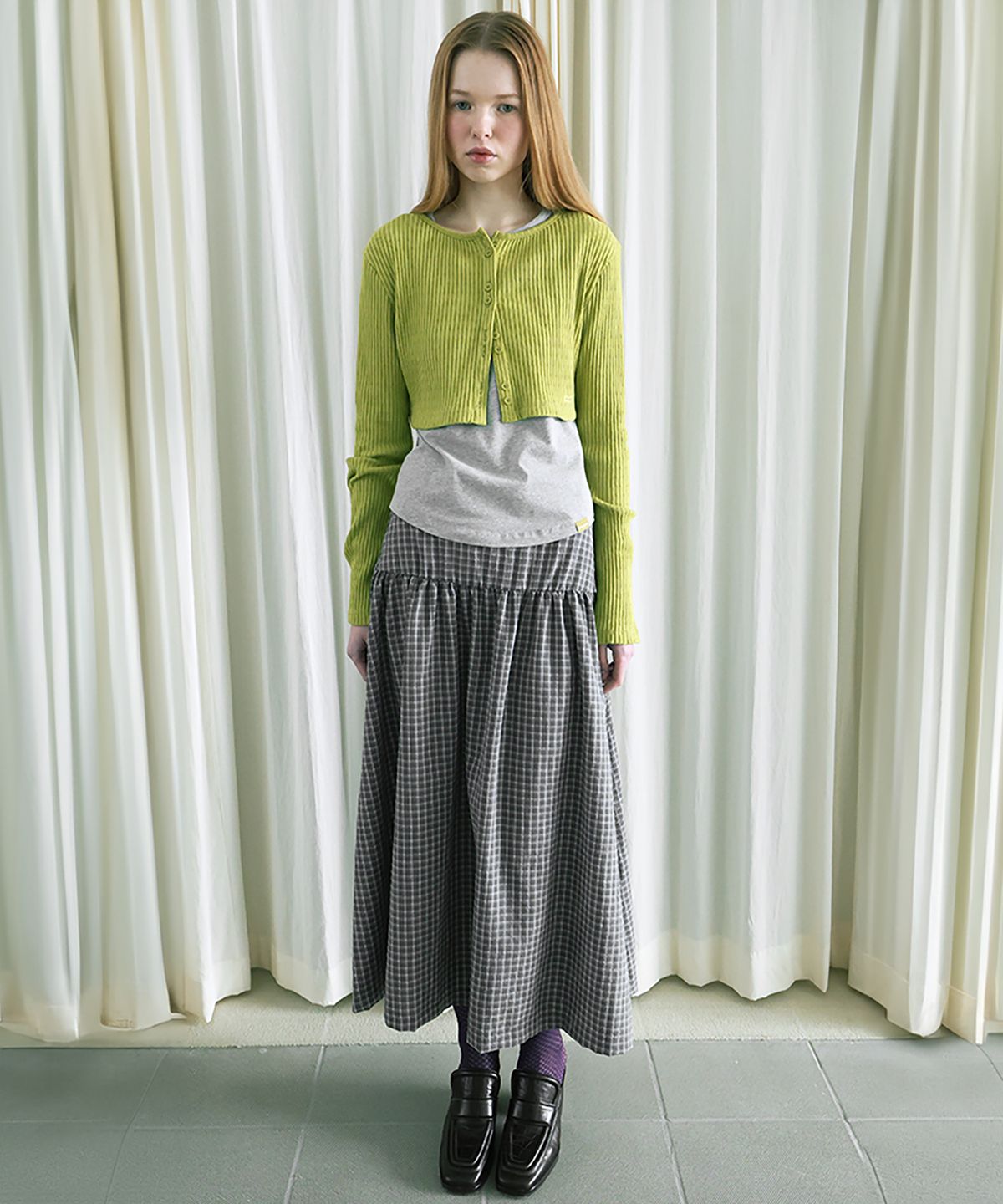 포에브(POEV) Double-Button Cropped Cardigan - Olive Green