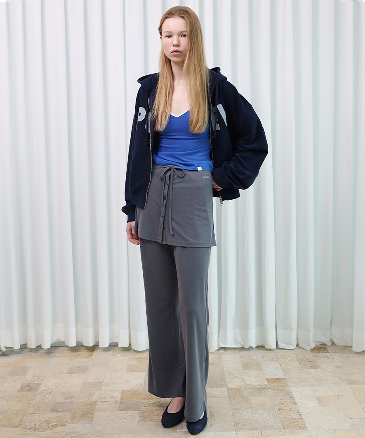 포에브(POEV) Relaxed-Fit Layered Skirt Pants - Dark Navy