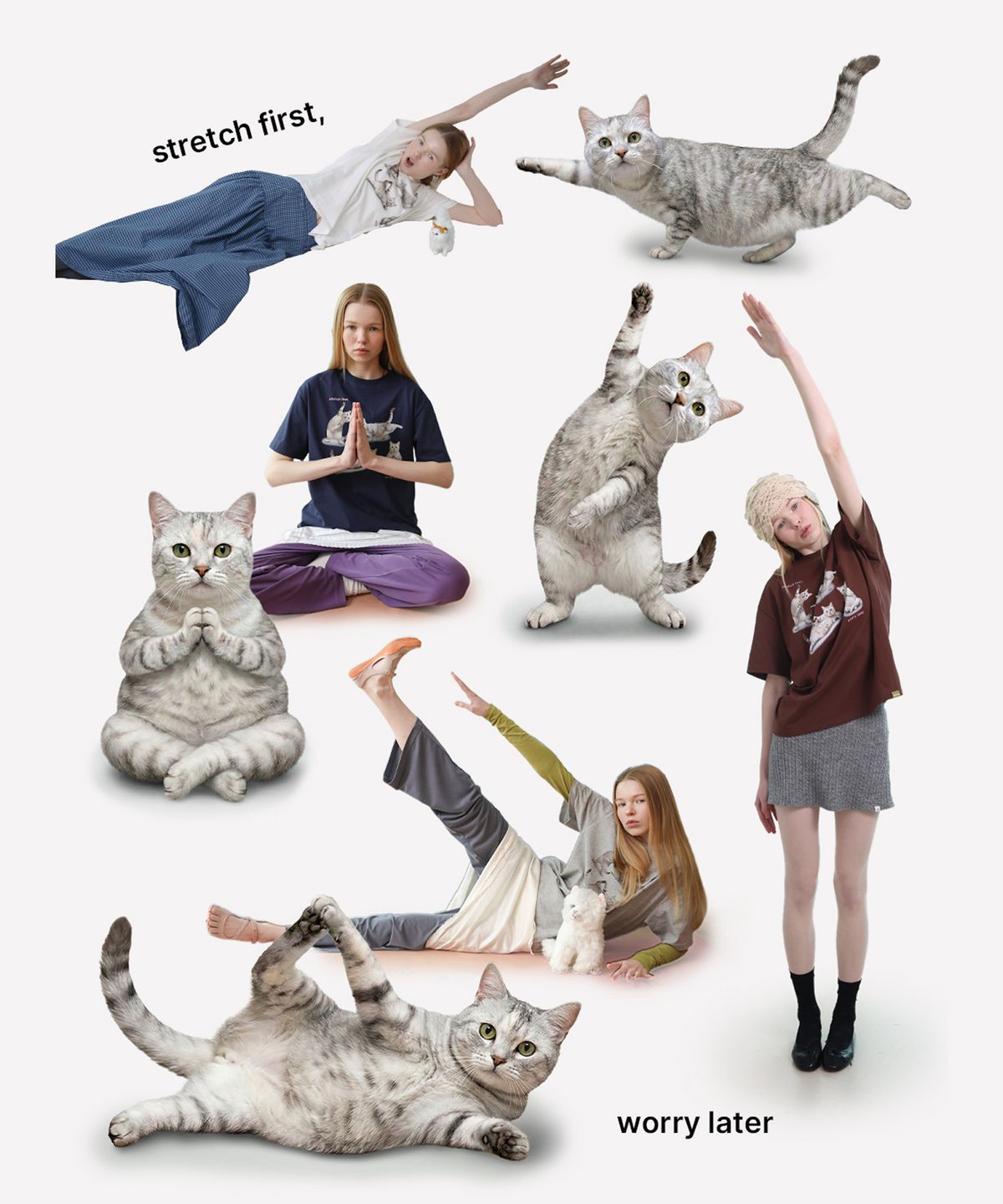 포에브(POEV) Stretching Cat T-Shirt - White Melange