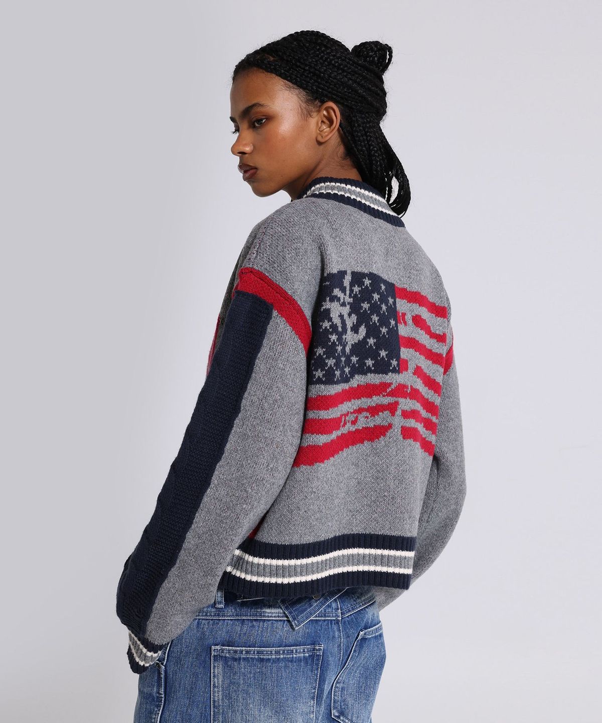 제이디드 런던(JADED LONDON) (U) 케이블 니트 슬리브 니티드 봄버 그레이 KNITTED BOMBER WITH CABLE KNIT SLEEVES GREY