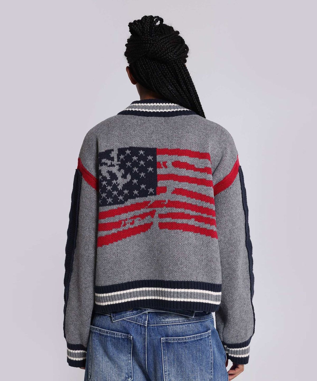 제이디드 런던(JADED LONDON) (U) 케이블 니트 슬리브 니티드 봄버 그레이 KNITTED BOMBER WITH CABLE KNIT SLEEVES GREY
