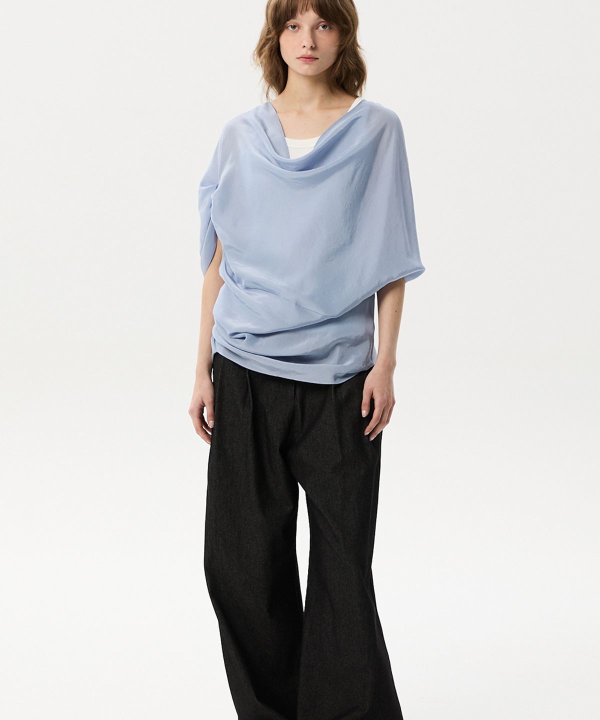 미드앤로우(MIDNLOW) Unbalanced Draped Shirts (Sky Blue)