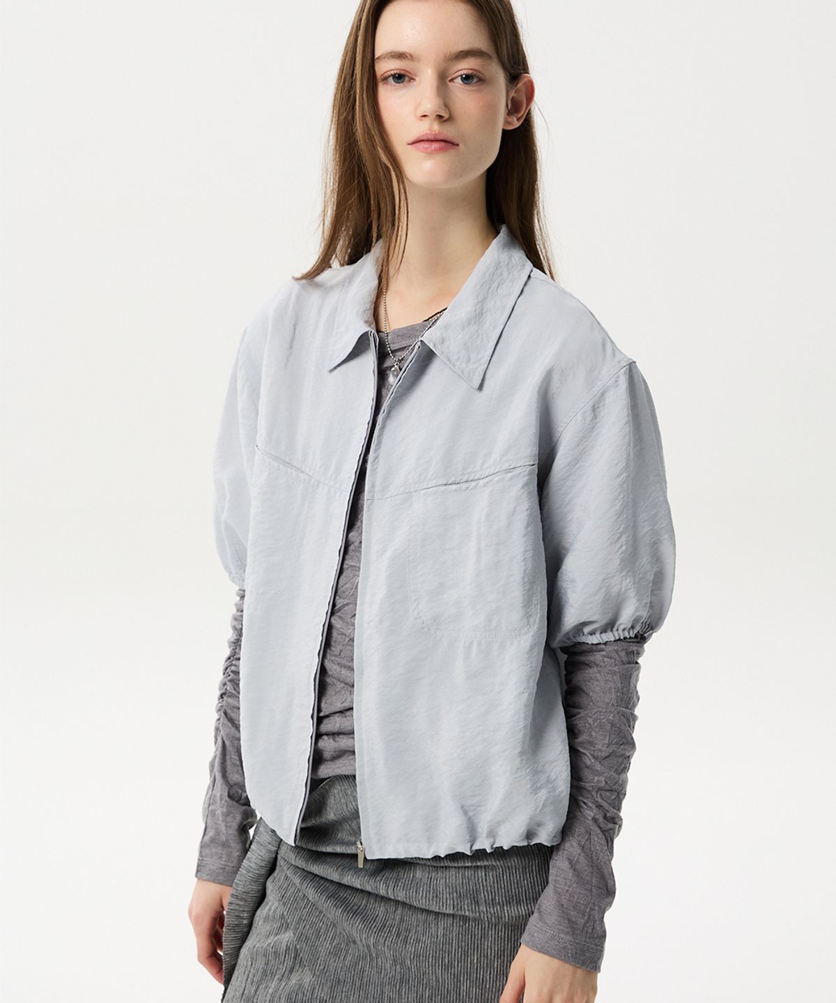 미드앤로우(MIDNLOW) Short Sleeve Zip-up Shirts (Sky Blue)