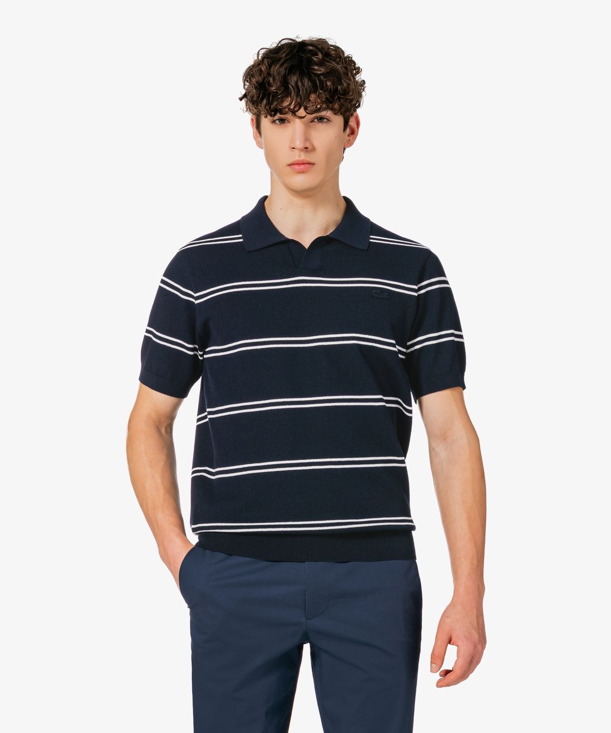 라코스테(LACOSTE) 남성 오픈카라 핀 스트라이프 반팔 스웨터 폴로 셔츠 PH396E-56G 166