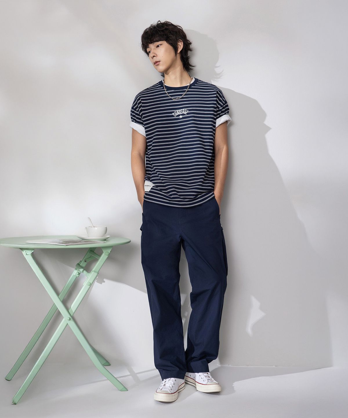 컨버스(CONVERSE) 스트라이프 로고 루즈 핏 티셔츠 옵시디언 UCJ690-695