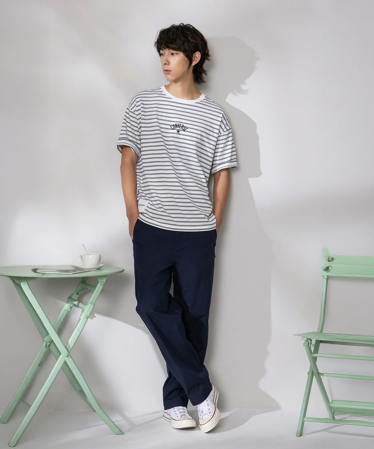컨버스(CONVERSE) 스트라이프 로고 루즈 핏 티셔츠 에그렛 UCJ690-W2Y