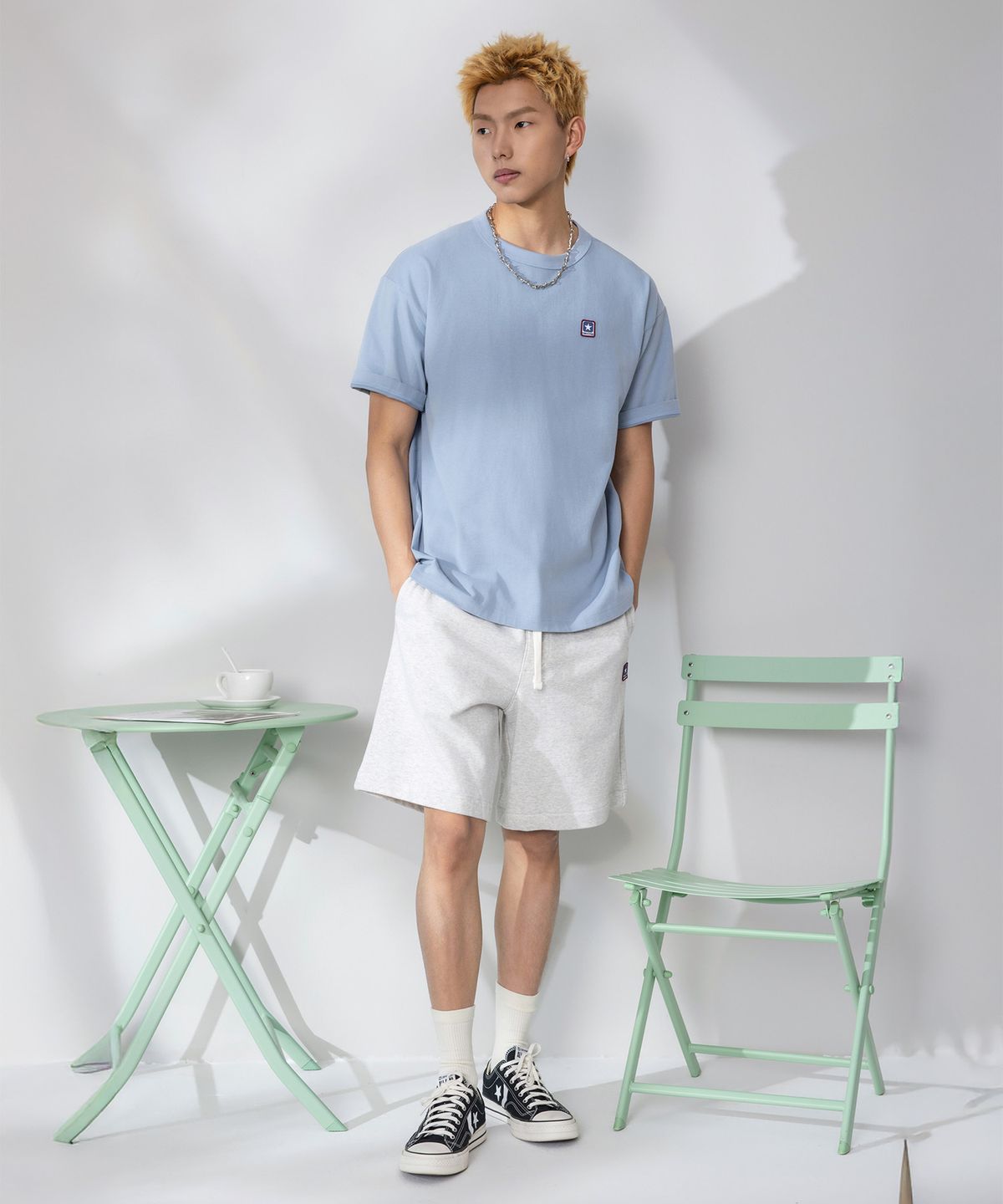 컨버스(CONVERSE) 저지 박스 로고 패치 티셔츠 오션 리트릿 UCJ437-BI5