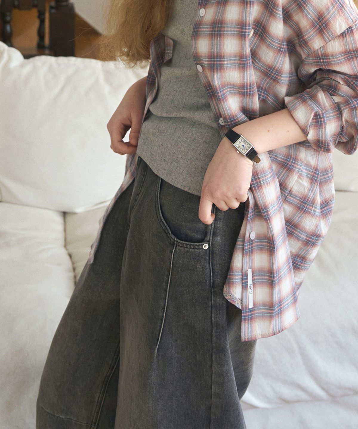 헤인트(HAINT) WIDE VOLUME BAGGY FIT BANDING DENIM PANTS 2COL_CHARCOAL