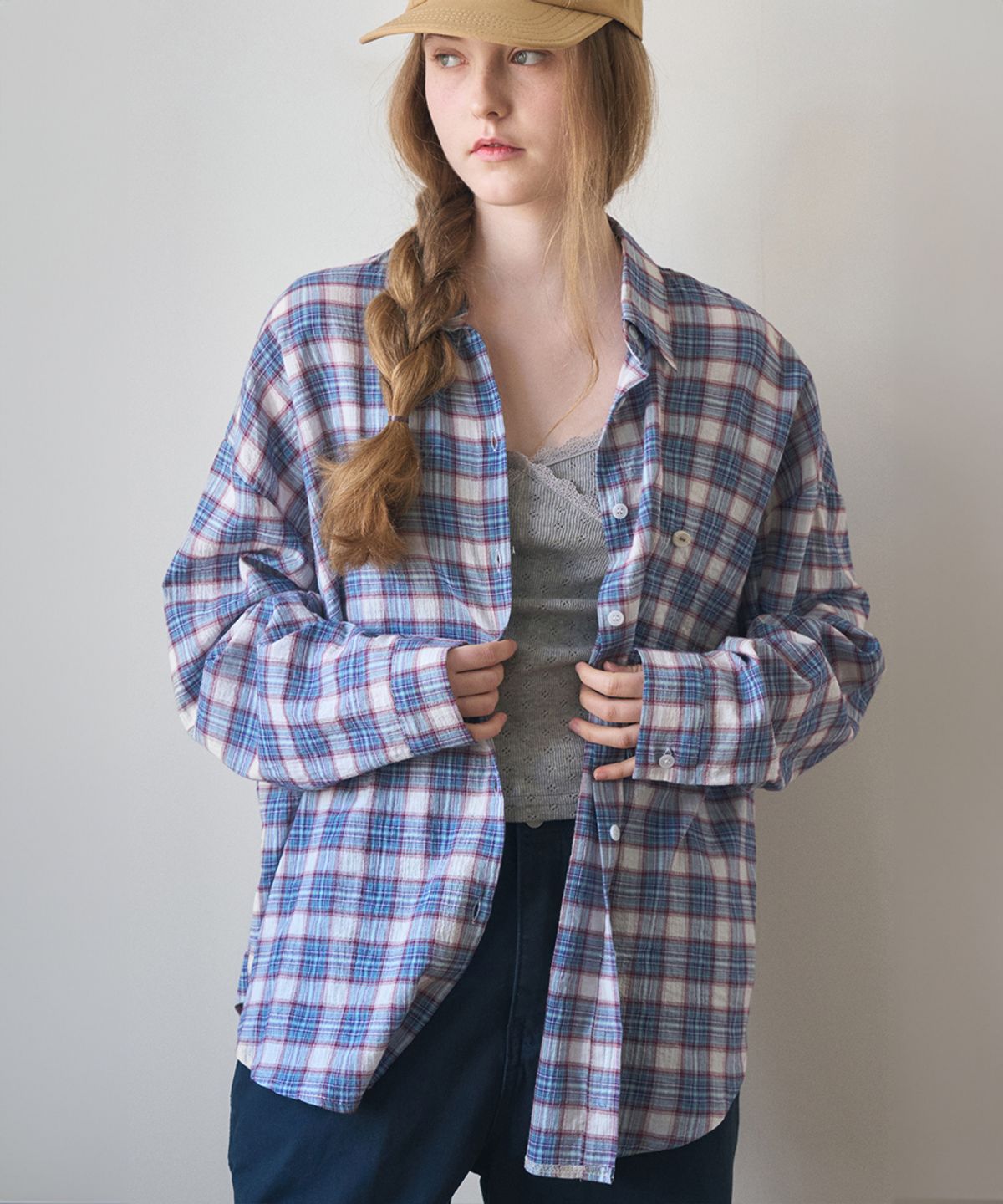 헤인트(HAINT) LIGHT TEXTURED OVERSIZE CHECK SHIRT 2COL_BLUE