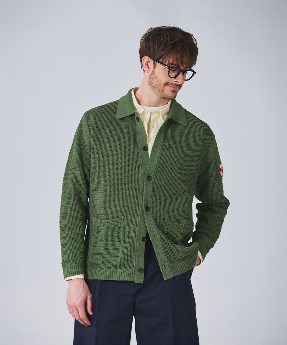 건지 울른스(Guernsey Woollens) 피셔맨 메쉬 카라 가디건 - 헌터 그린
