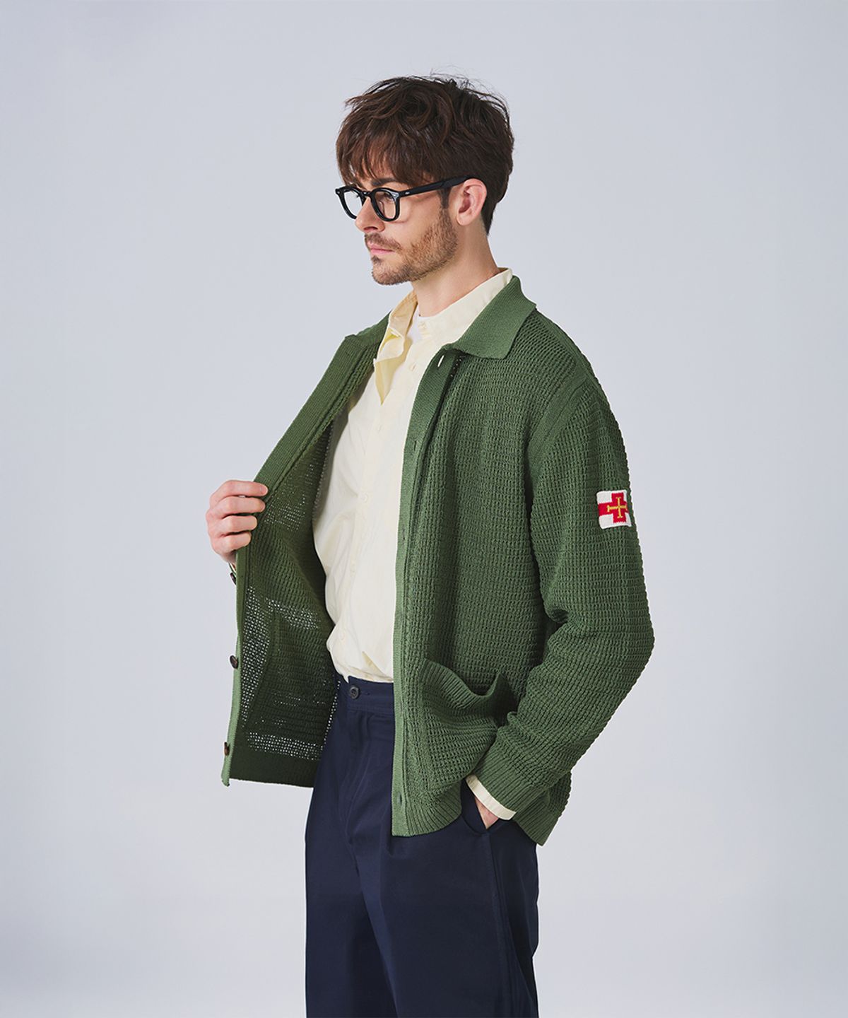 건지 울른스(Guernsey Woollens) 피셔맨 메쉬 카라 가디건 - 헌터 그린