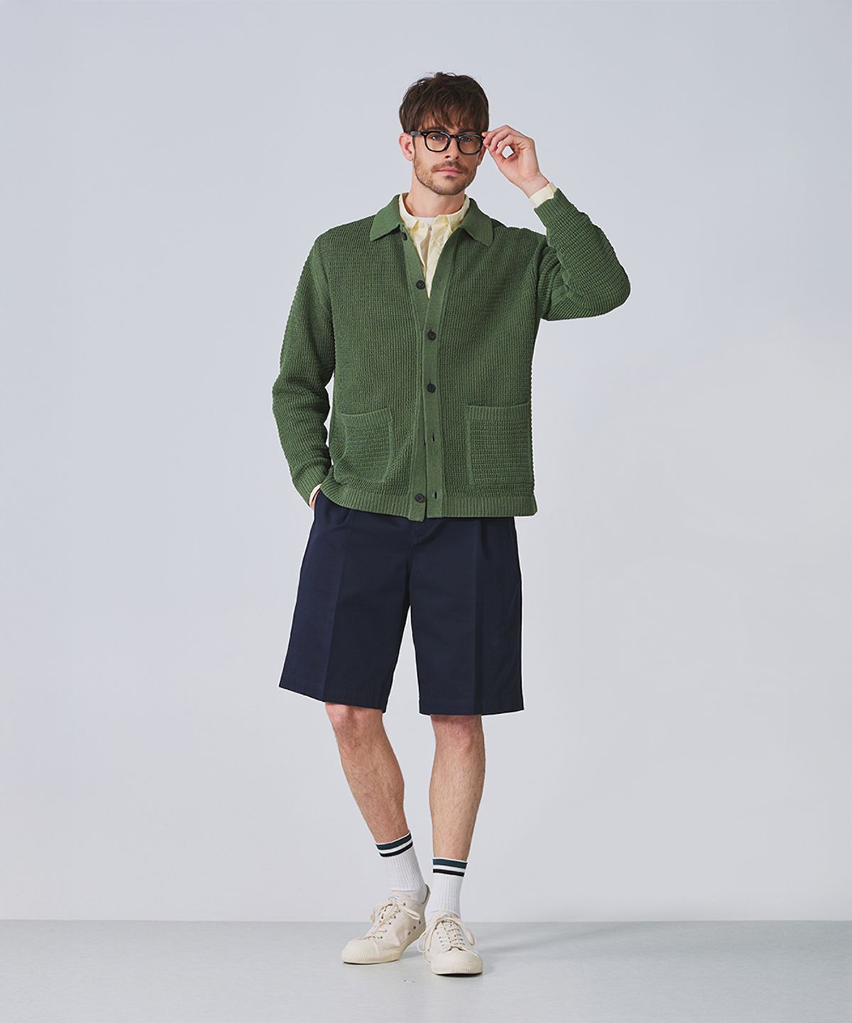 건지 울른스(Guernsey Woollens) 피셔맨 메쉬 카라 가디건 - 헌터 그린