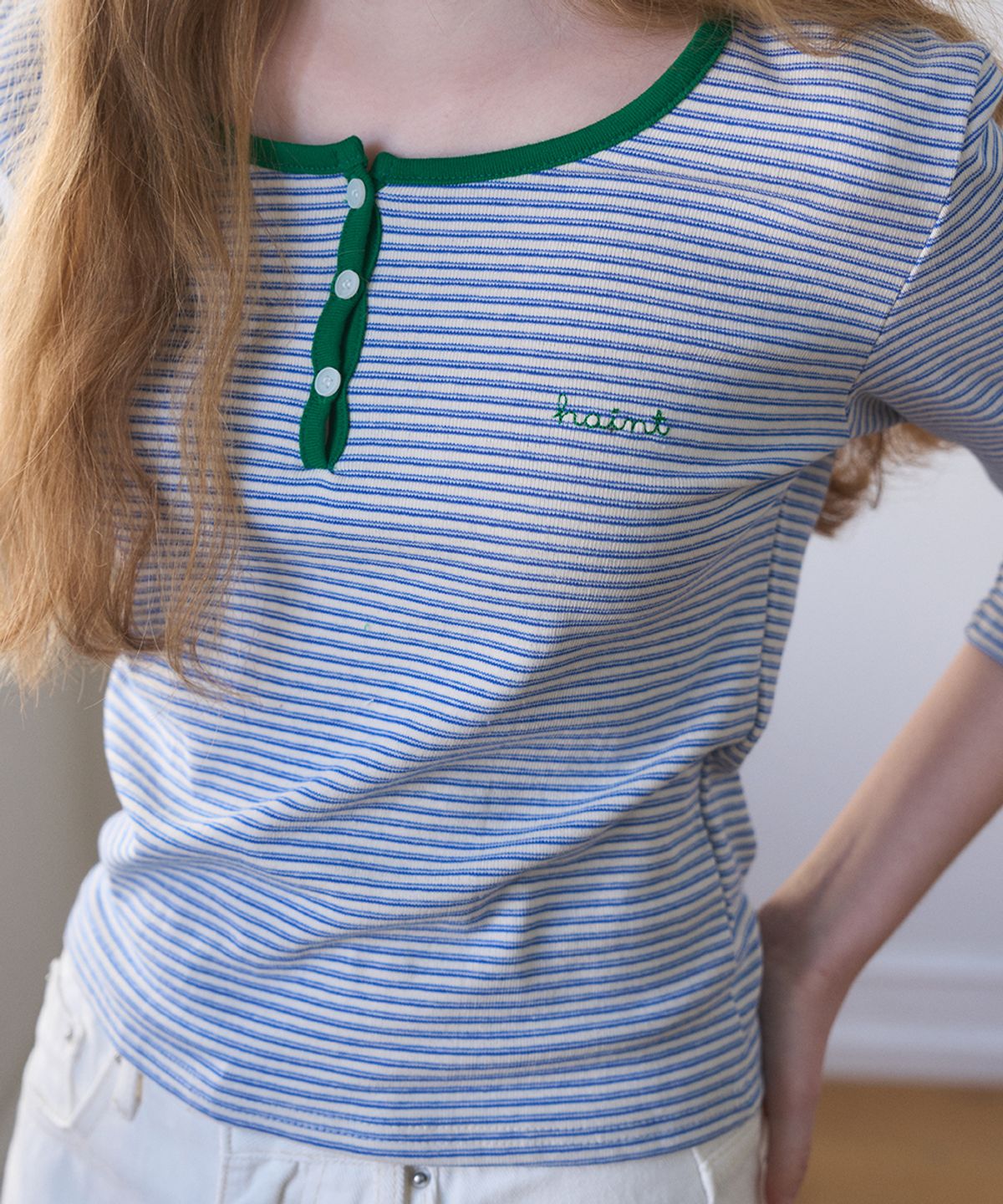헤인트(HAINT) STRIPE HENRY-NECK T-Shirts 2COL_BLUE