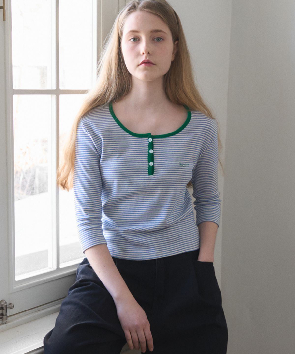 헤인트(HAINT) STRIPE HENRY-NECK T-Shirts 2COL_BLUE