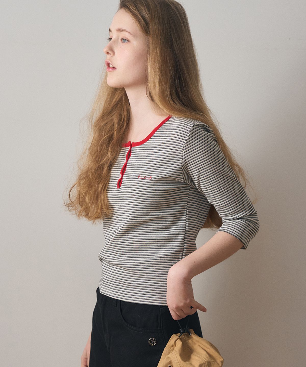 헤인트(HAINT) STRIPE HENRY-NECK T-Shirts 2COL_BLACK