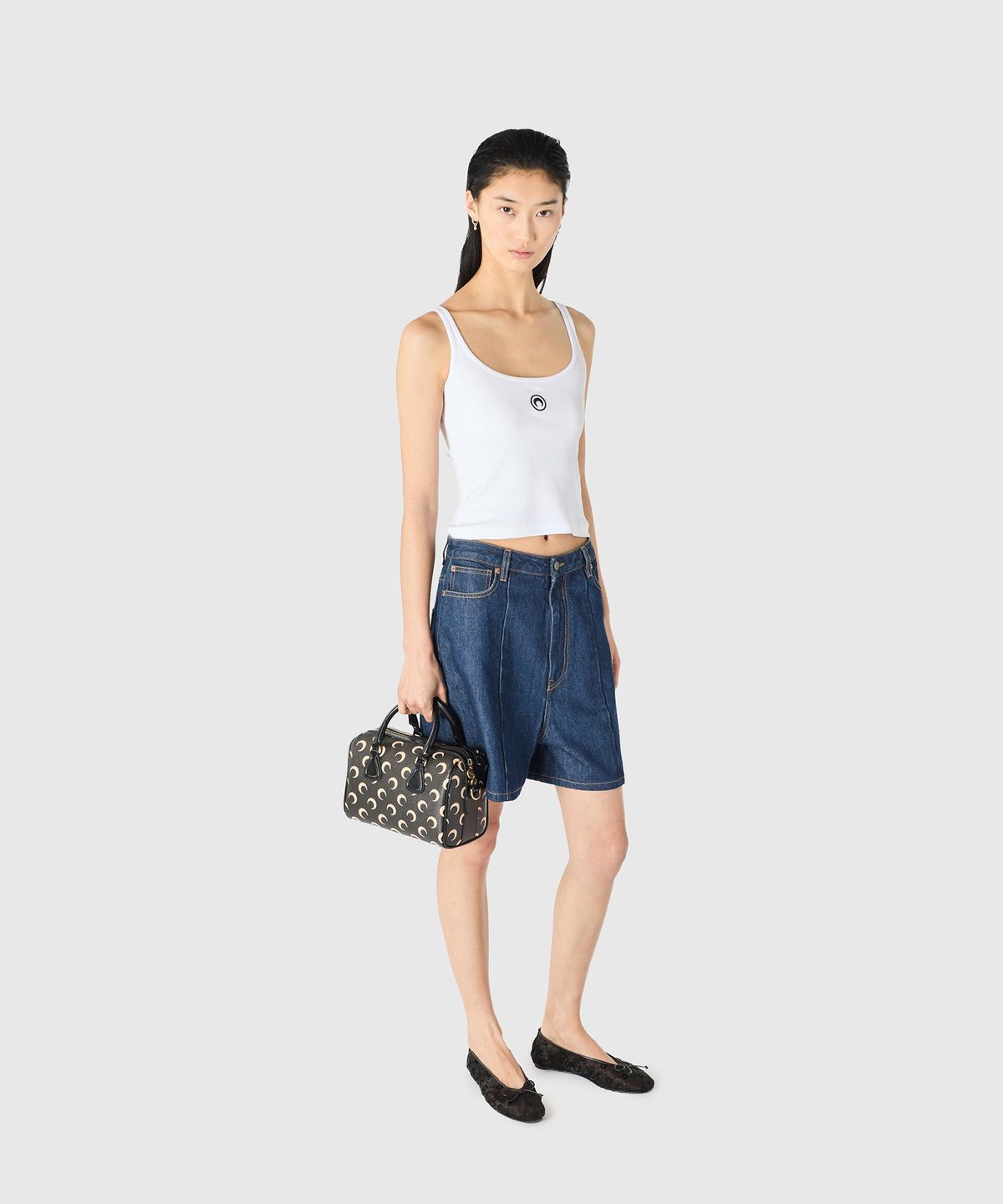 마린 세르(MARINE SERRE) (W) 문 로고 리브드 저지 크롭 탱크탑 화이트 MOON LOGO RIBBED JERSEY CROP TANK TOP WH10 WHITE