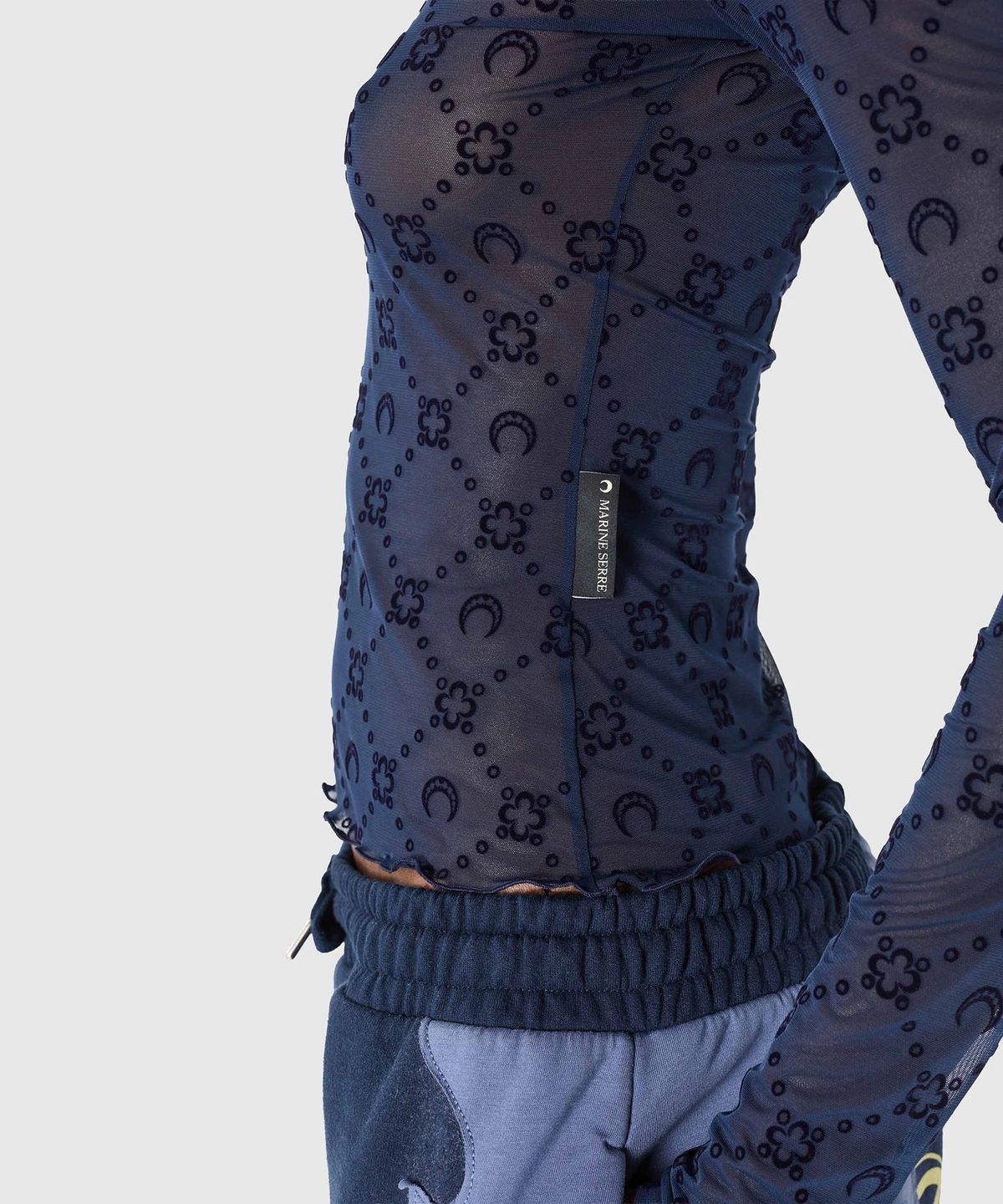 마린 세르(MARINE SERRE) (W) 무노그램 메쉬 플록 롱슬리브 라운드넥 탑 네이비 MOONOGRAM MESH FLOCK LS ROUNDNECK TOP BL90 NAVY