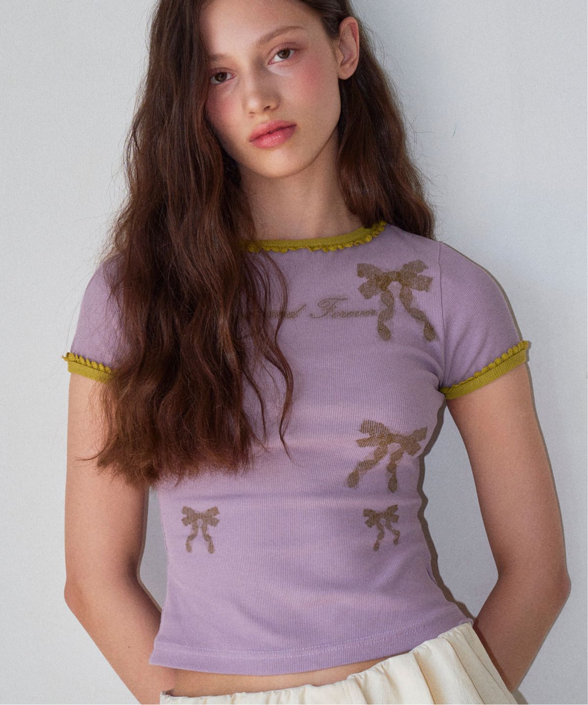 로긴 앤 로지(ROGIN N ROSIE) Ribbon Printed Slim Ringer T-shirt Purple