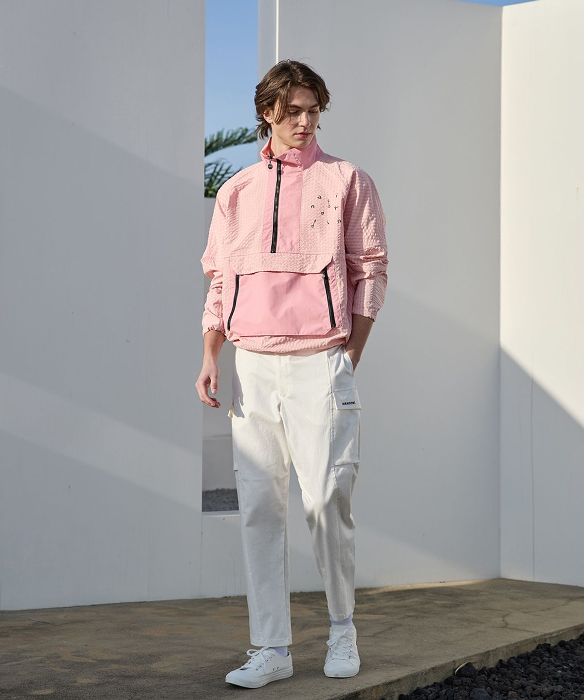칸디니(KANDINI) 핑크 컬러블록 하프집업 아노락 (Unisex)