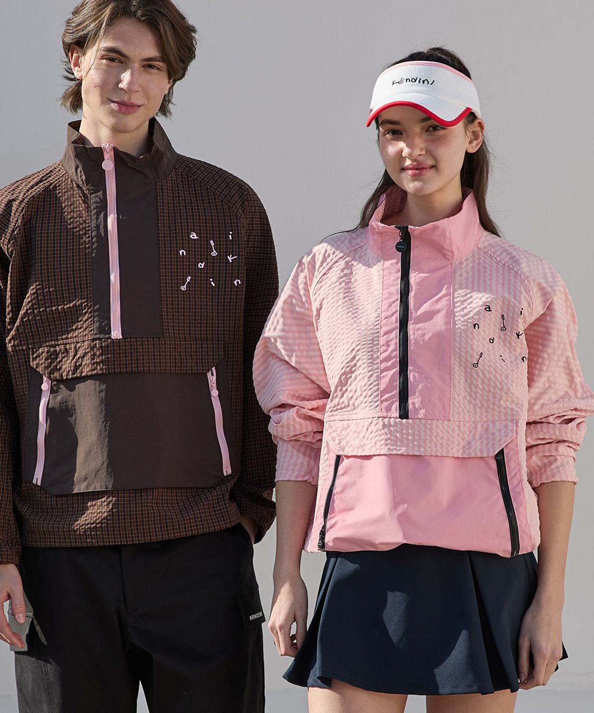 칸디니(KANDINI) 핑크 컬러블록 하프집업 아노락 (Unisex)
