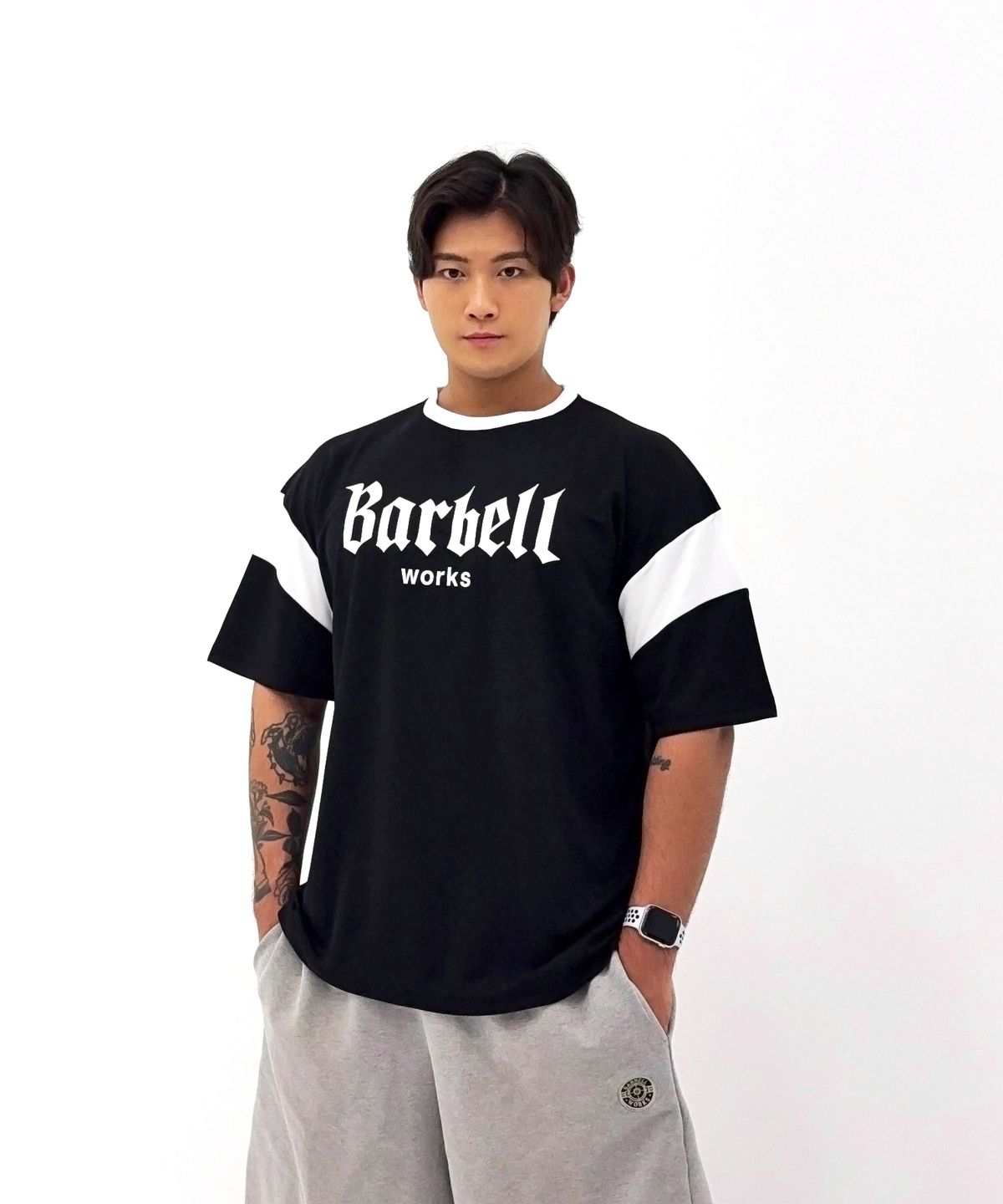 바벨웍스(BARBELLWORKS) 배색 메쉬 오버핏티셔츠