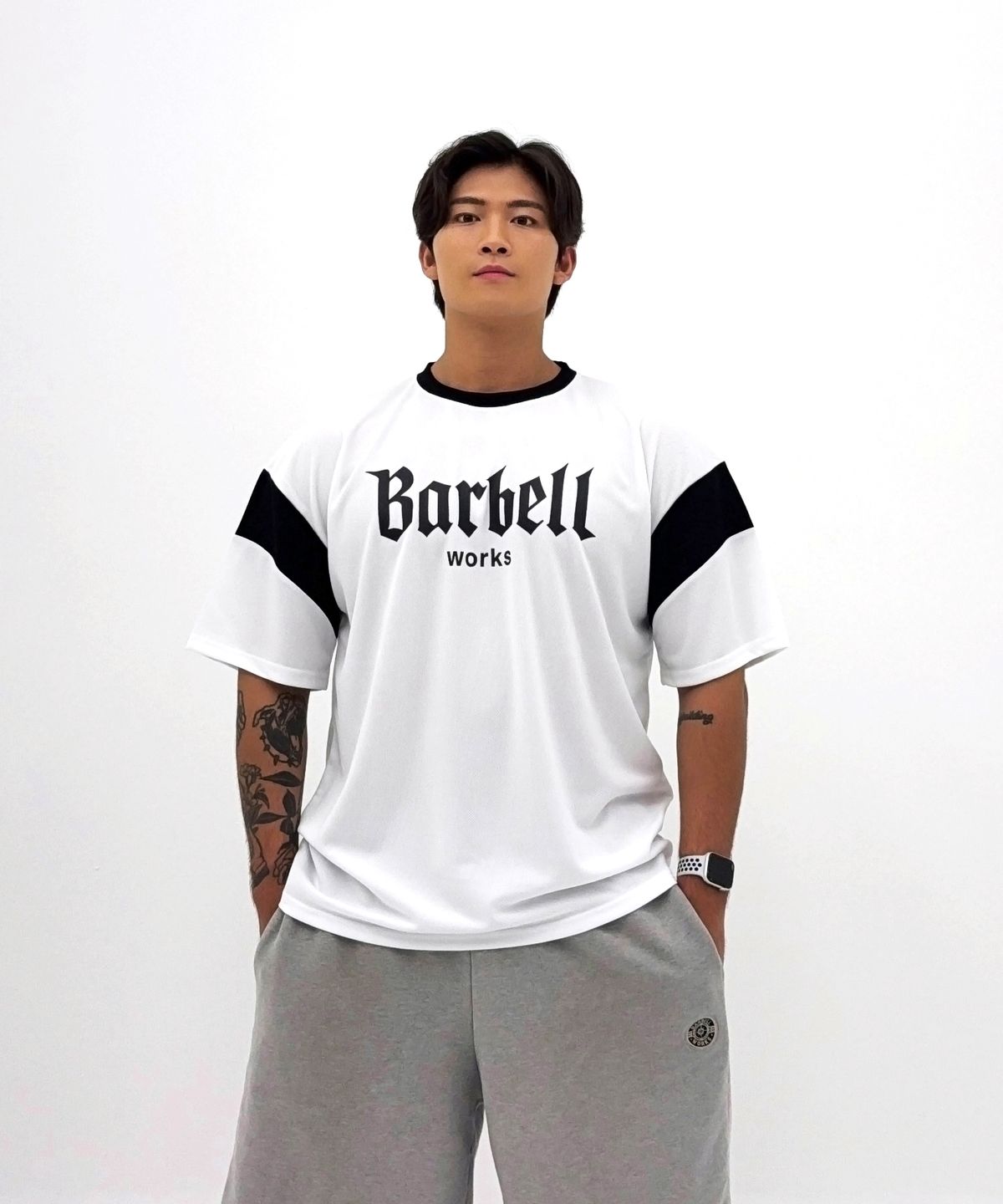 바벨웍스(BARBELLWORKS) 배색 메쉬 오버핏티셔츠