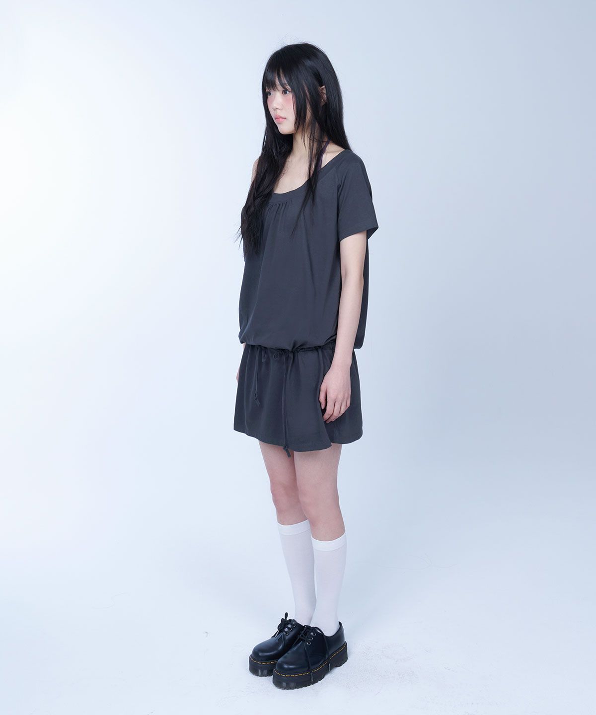 라이라이(LYELYE) One shoulder shirring top (charcoal)