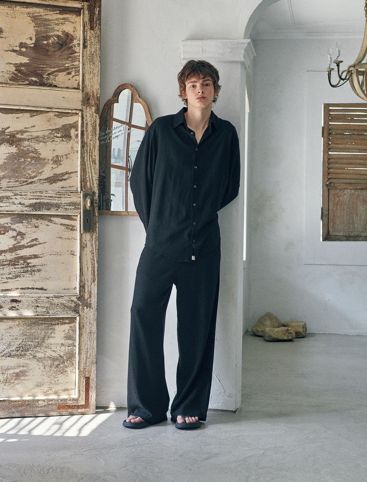 플랫웨이브 인 서울(FLATWAVE IN SEOUL) Loen Linen Longsleeve Shirt Wide Pants Set Black
