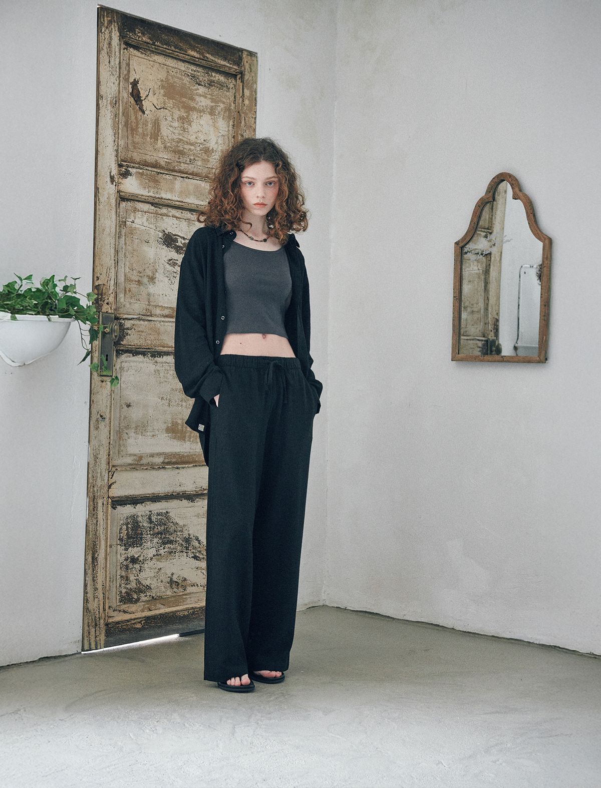 플랫웨이브 인 서울(FLATWAVE IN SEOUL) Loen Linen Longsleeve Shirt Wide Pants Set Black