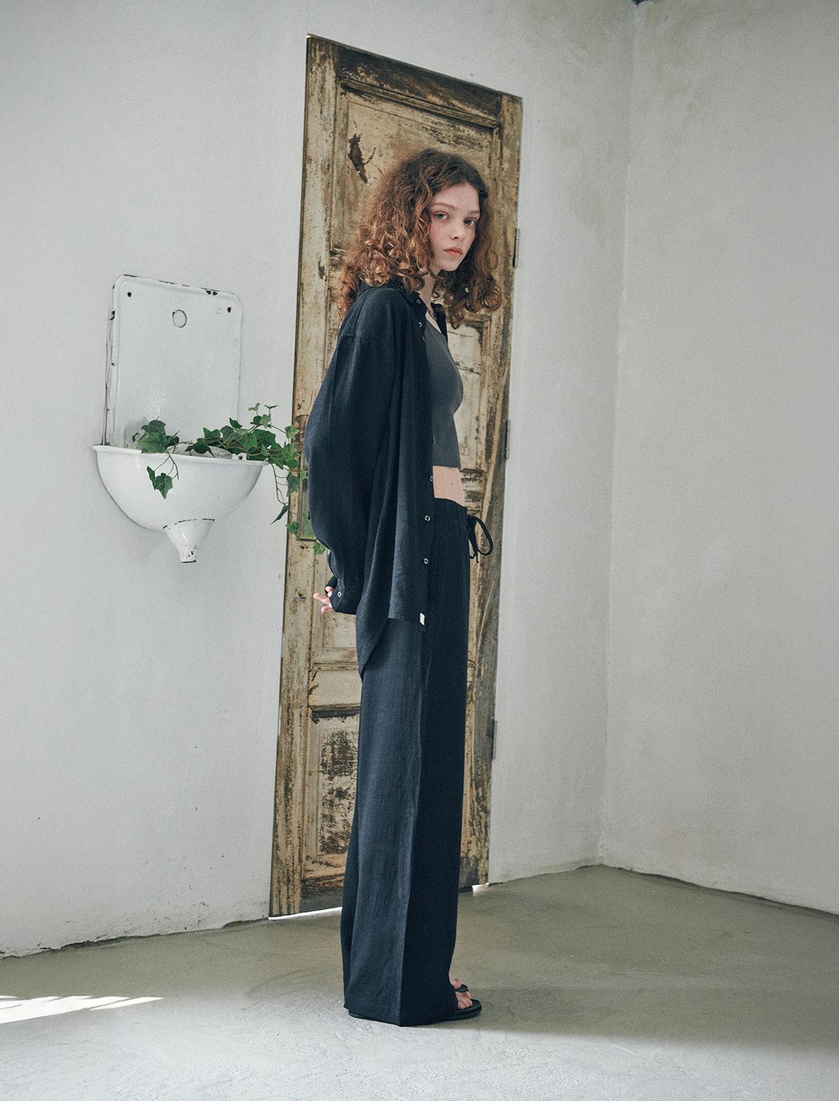 플랫웨이브 인 서울(FLATWAVE IN SEOUL) Loen Linen Longsleeve Shirt Wide Pants Set Black