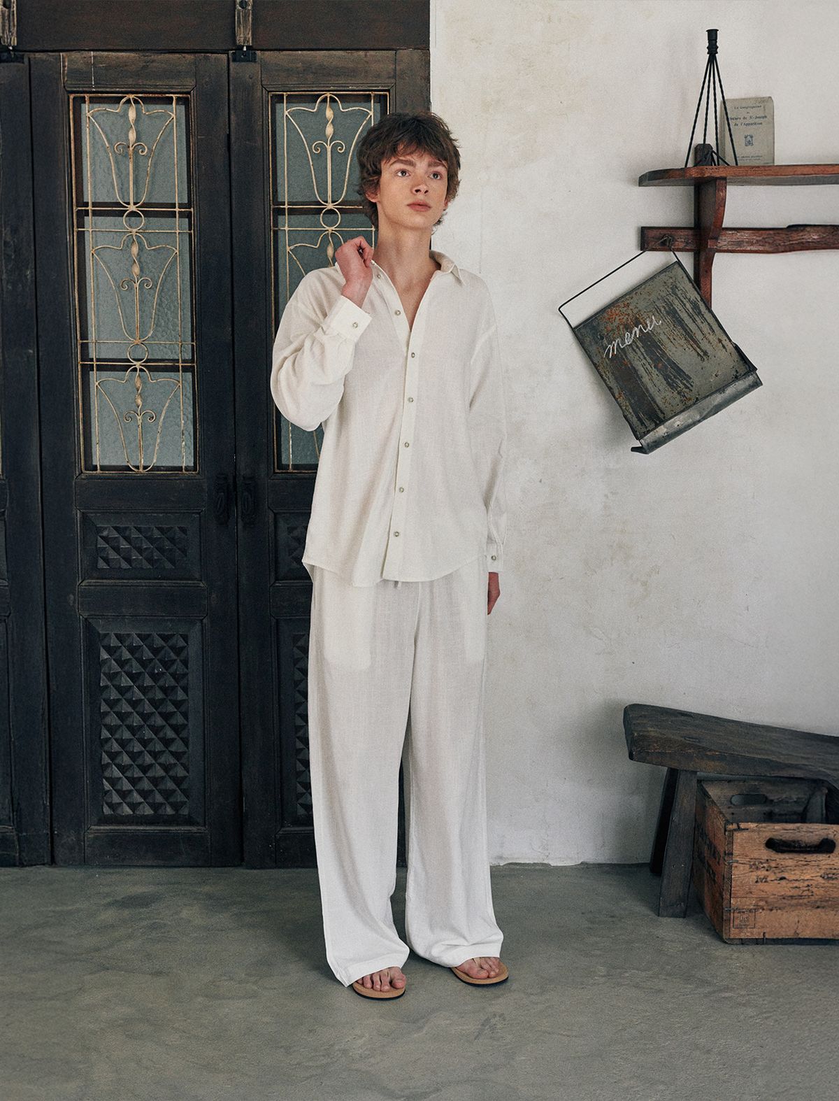 플랫웨이브 인 서울(FLATWAVE IN SEOUL) Loen Linen Longsleeve Shirt Wide Pants Set Ivory