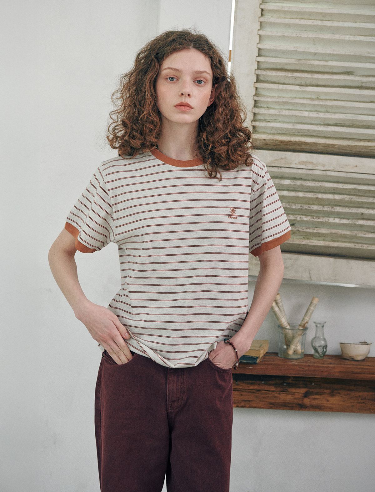 플랫웨이브 인 서울(FLATWAVE IN SEOUL) Loma Stripe Ringer T-Shirts Brown