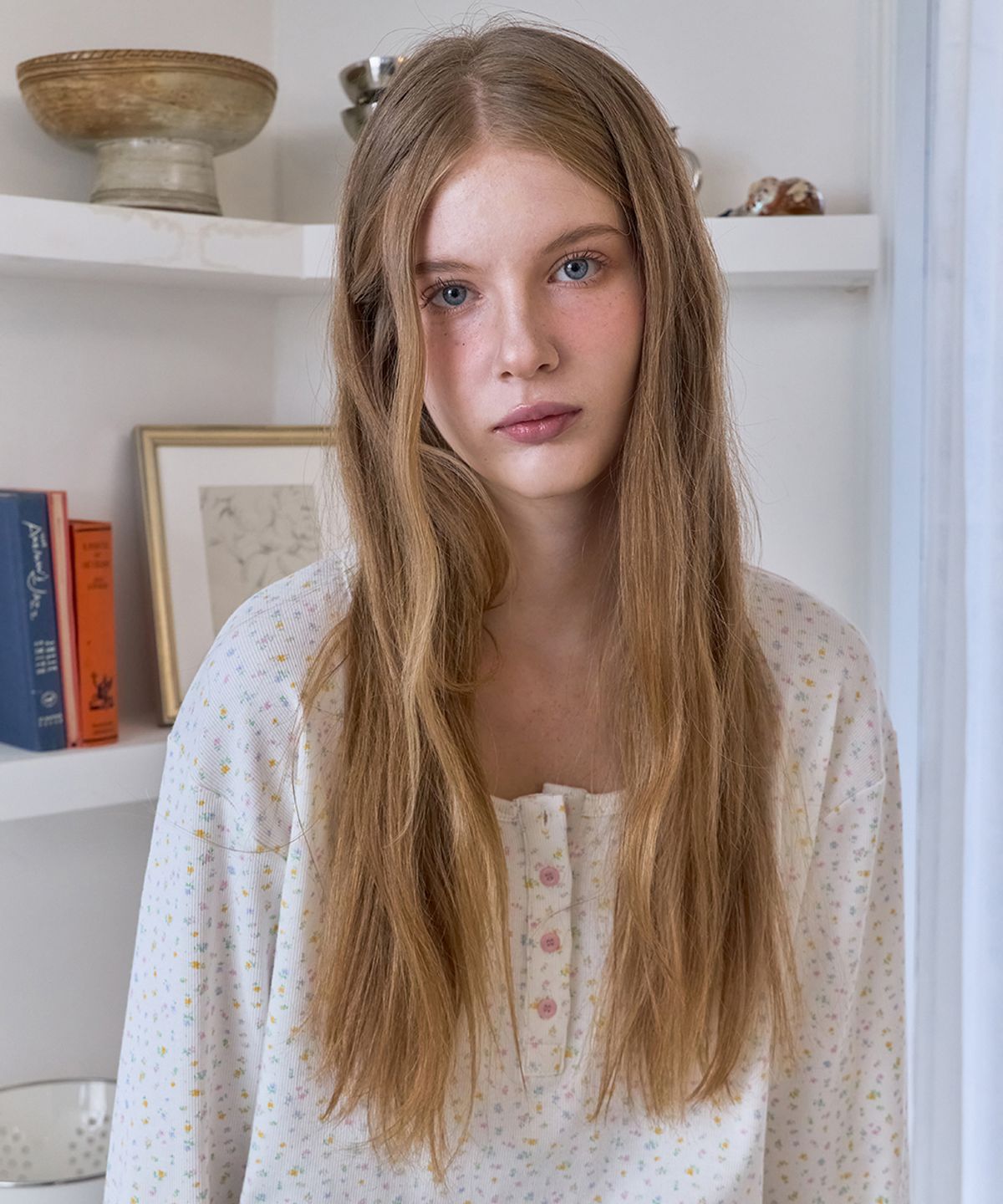 베이비블루니들즈(BABYBLUENEEDLES) Petit Flower Henley-neck T-Shirt WHITE