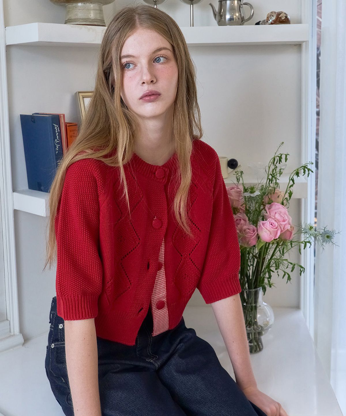 베이비블루니들즈(BABYBLUENEEDLES) Argyle Crochet Knit Cardigan RED