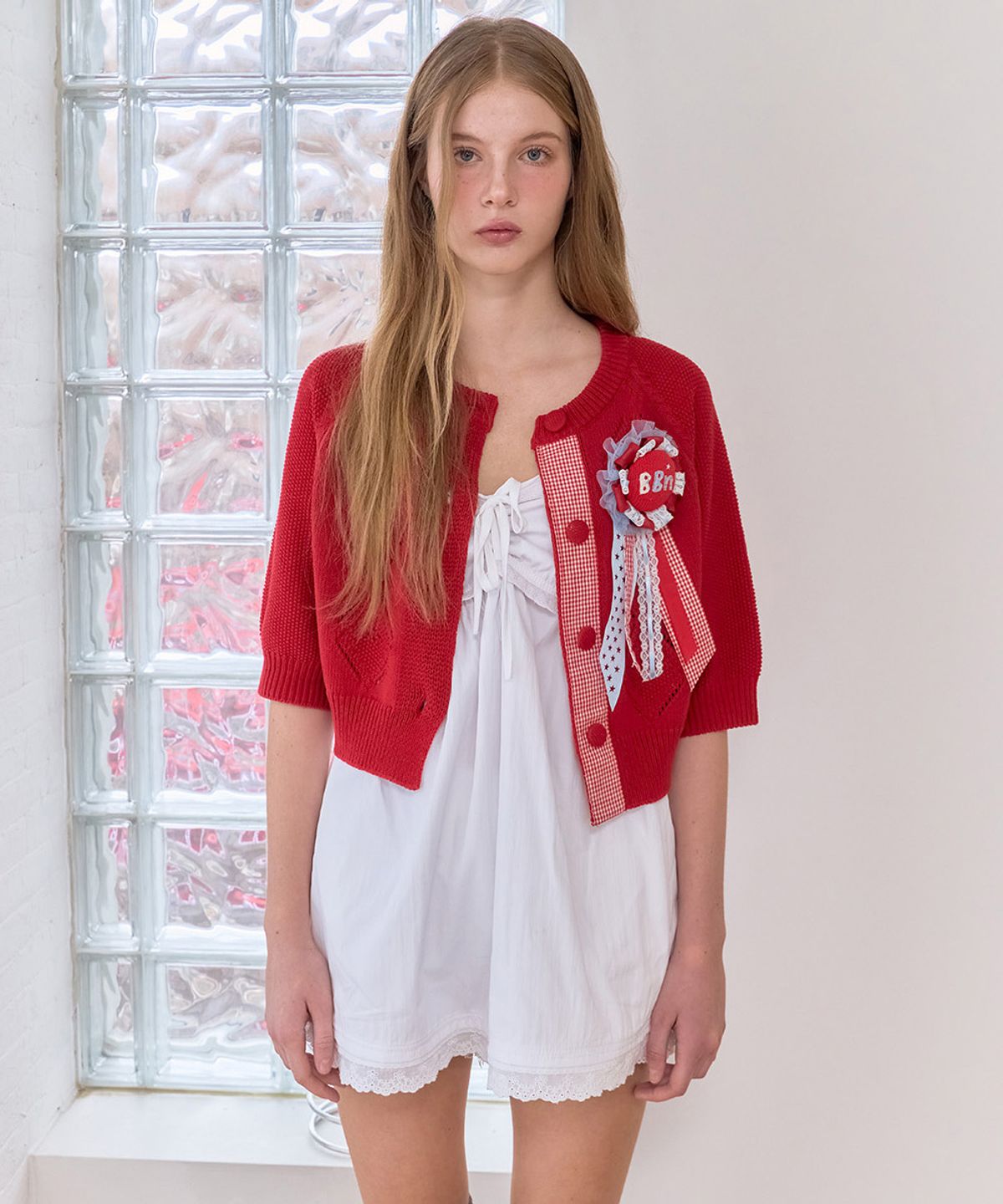베이비블루니들즈(BABYBLUENEEDLES) Argyle Crochet Knit Cardigan RED