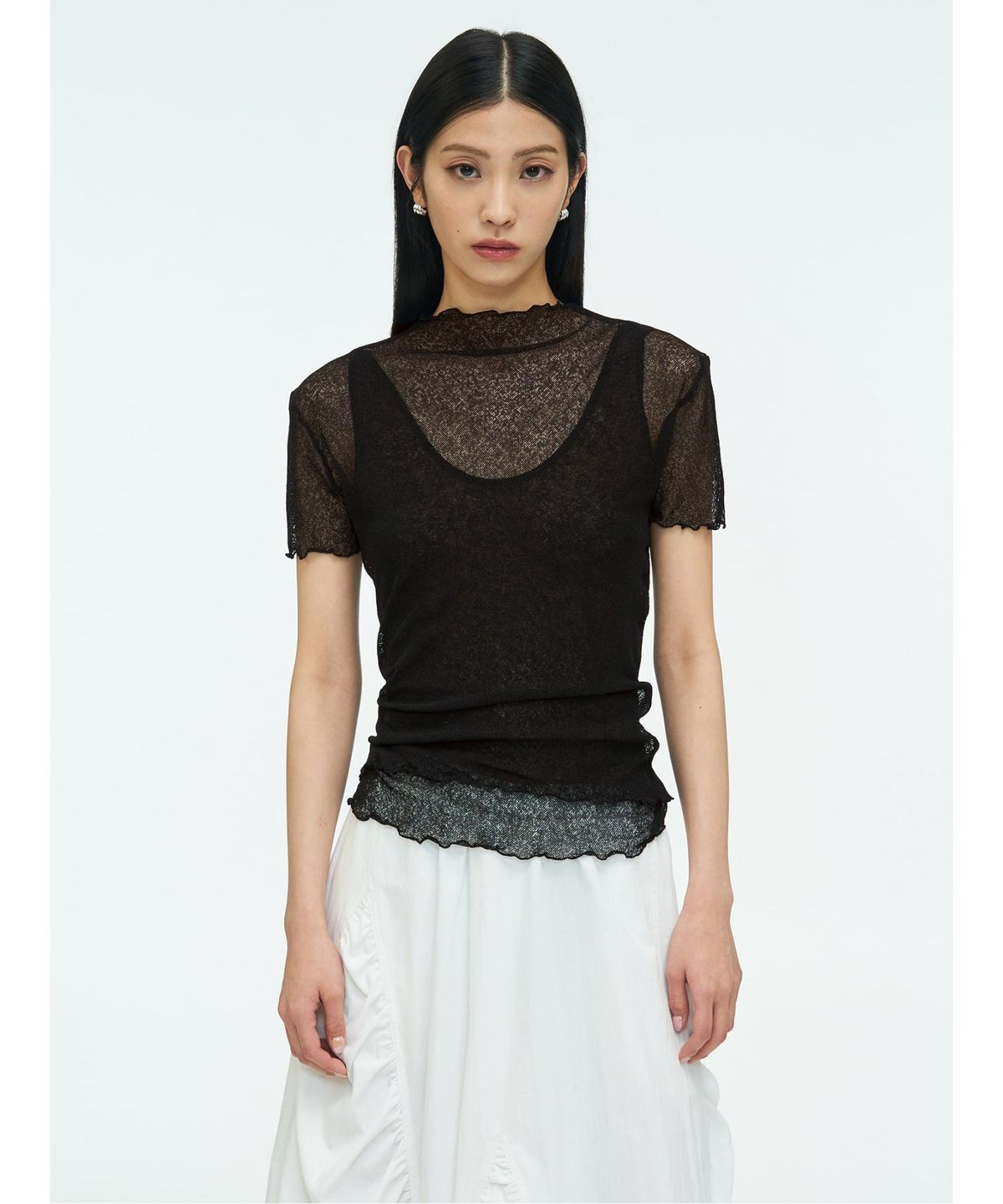 앙개(ANGGAE) Two Layered Net TShirt  Black
