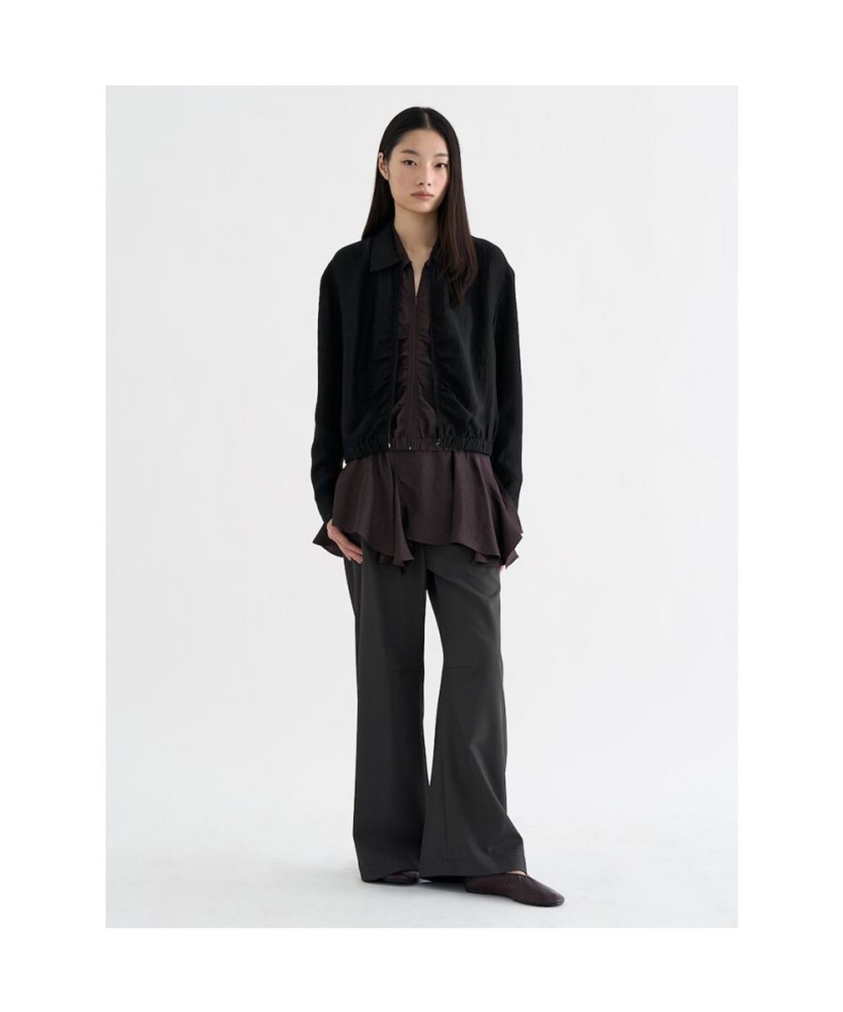앙개(ANGGAE) Satin ZipUp Shirt  Black