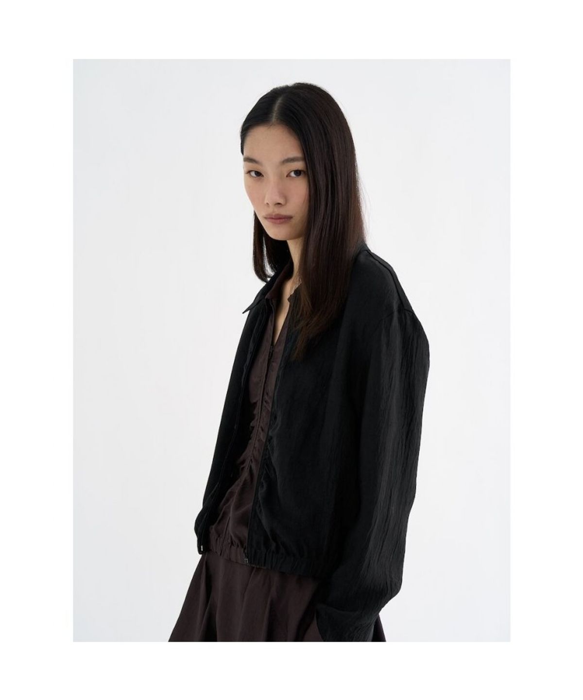 앙개(ANGGAE) Satin ZipUp Shirt  Black