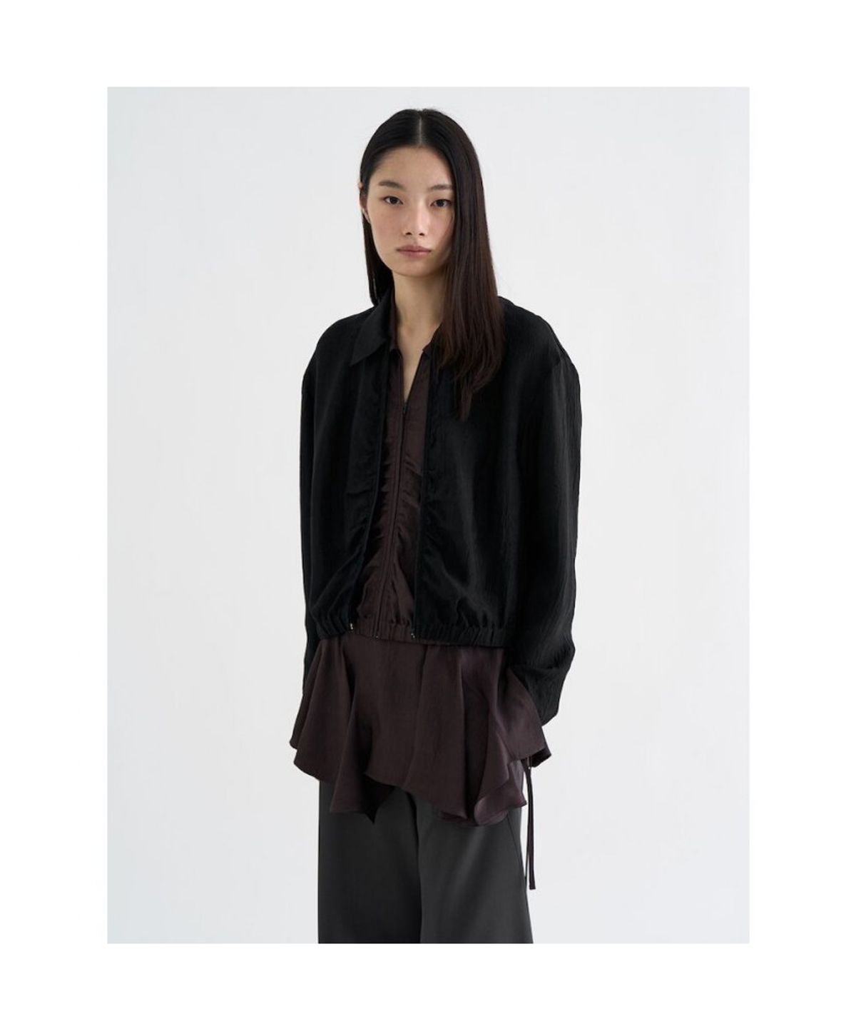 앙개(ANGGAE) Satin ZipUp Shirt  Black