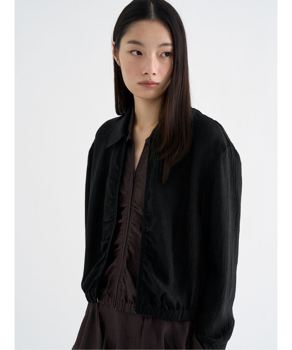 앙개(ANGGAE) Satin ZipUp Shirt  Black
