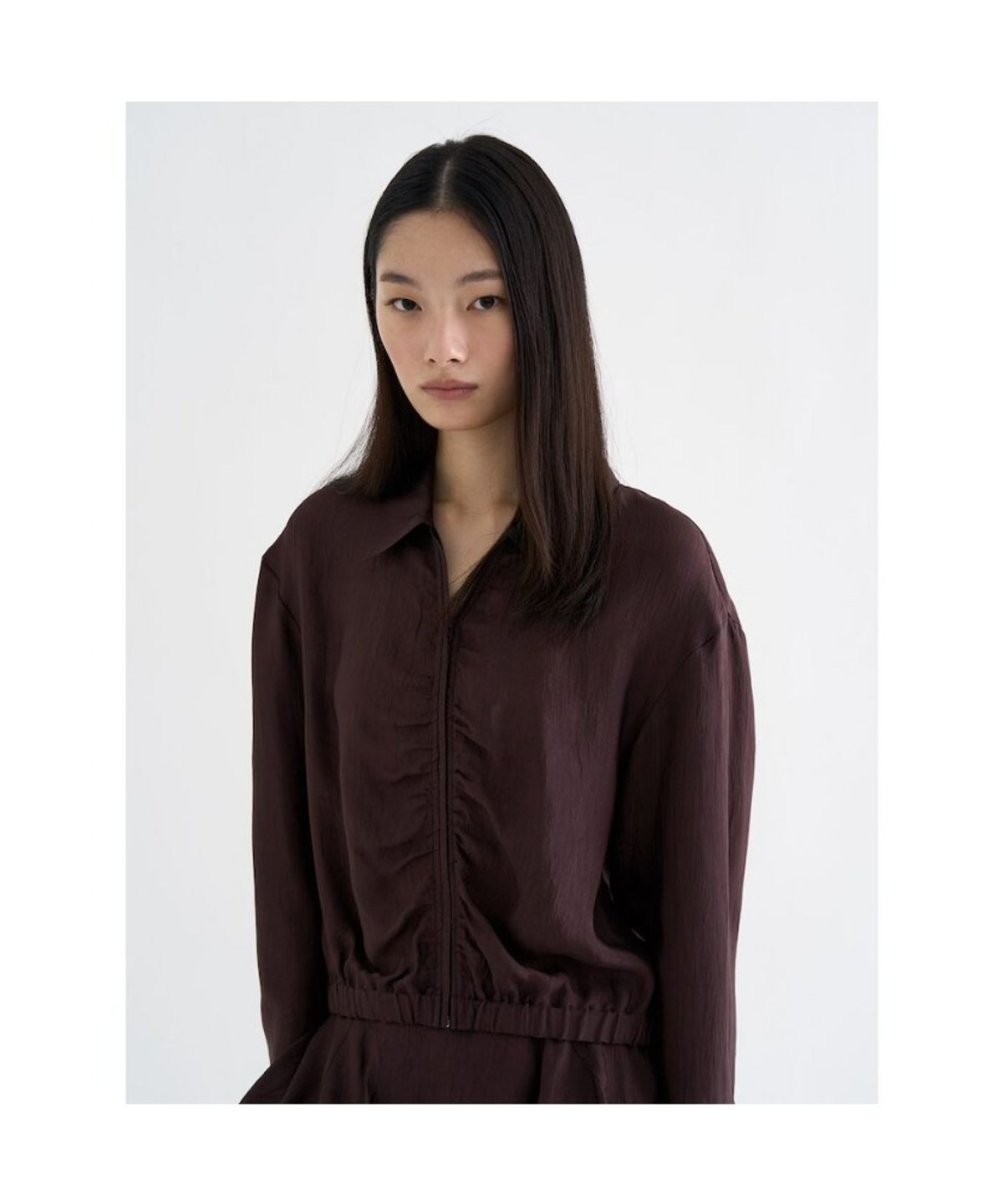 앙개(ANGGAE) Satin ZipUp Shirt  Brown