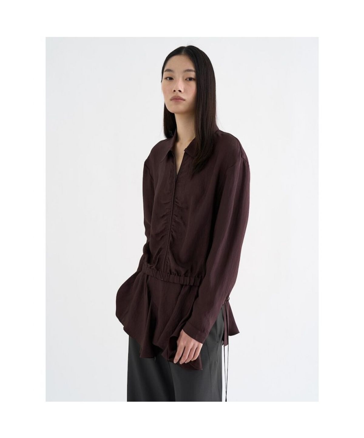 앙개(ANGGAE) Satin ZipUp Shirt  Brown