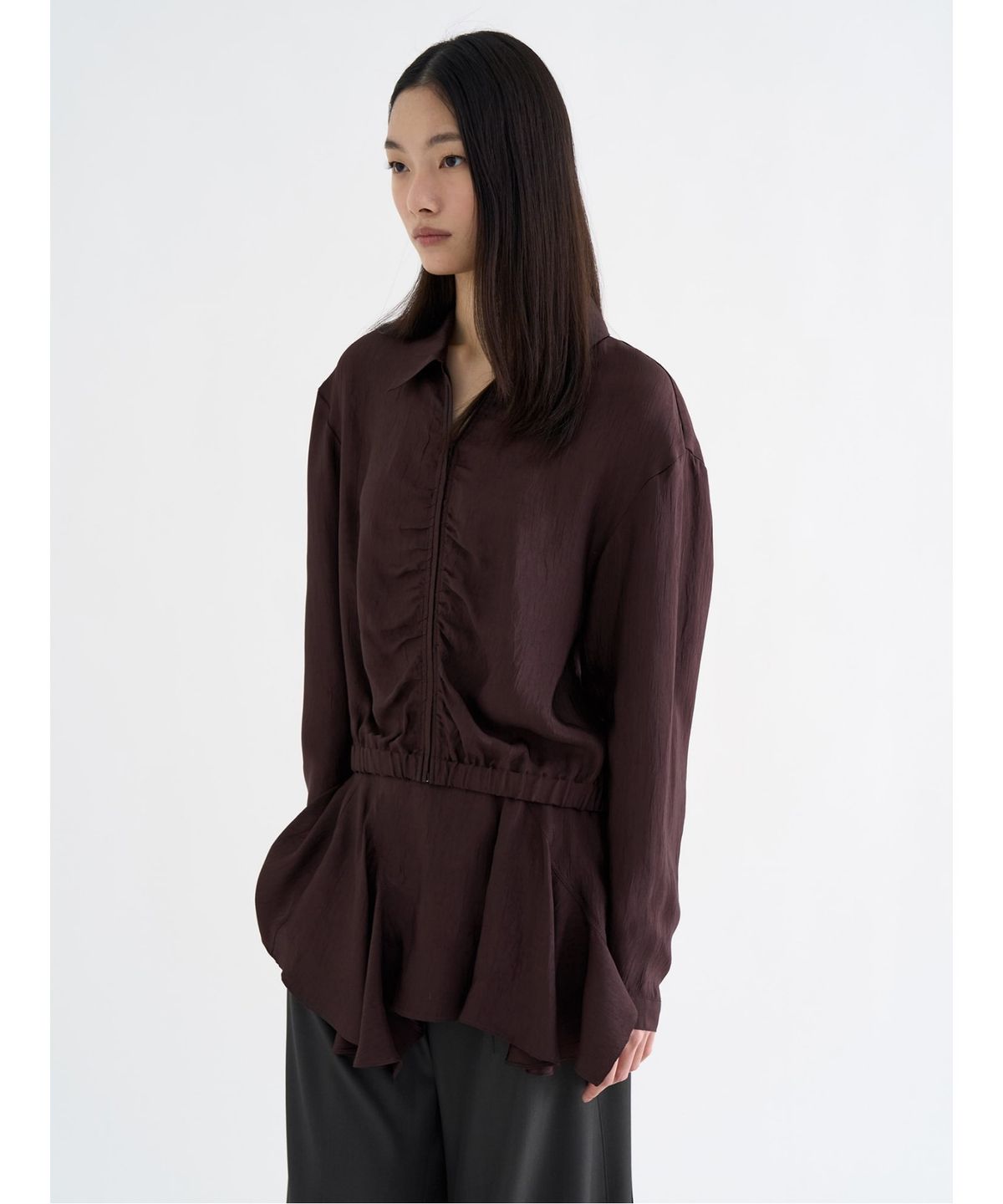 앙개(ANGGAE) Satin ZipUp Shirt  Brown
