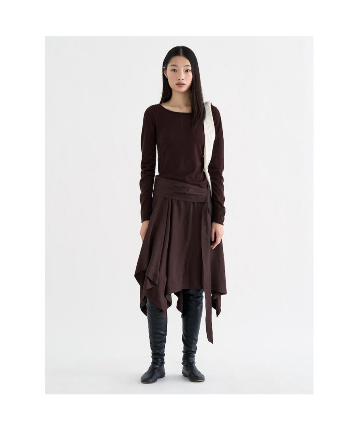 앙개(ANGGAE) Unbalanced Satin Skirt  Brown